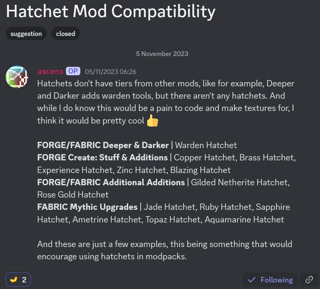 Hatchet Compatibility